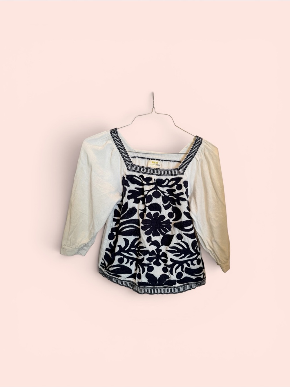 Anthropologie Cream Blouse with Navy Floral Appliqué